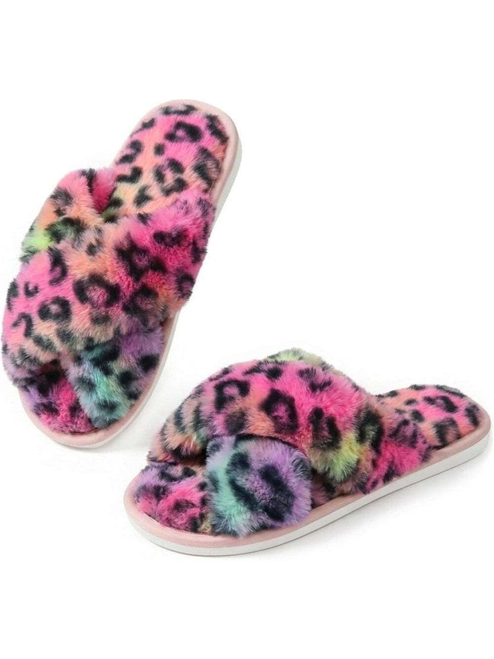 Women's Heart Cross Band Memory Foam Open Toe Comfy Fuzzy Indoor Slippers